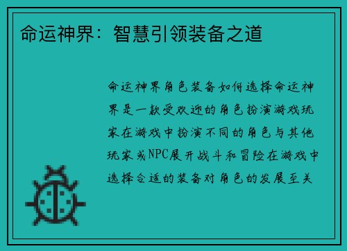 命运神界：智慧引领装备之道