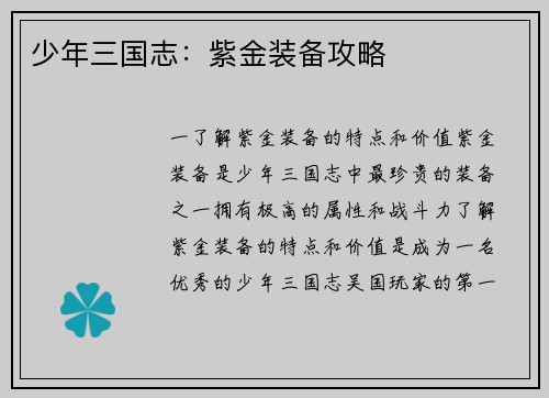 少年三国志：紫金装备攻略