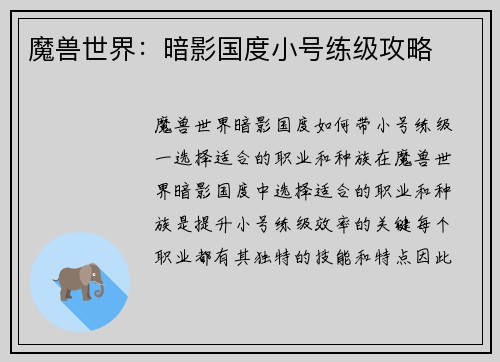 魔兽世界：暗影国度小号练级攻略
